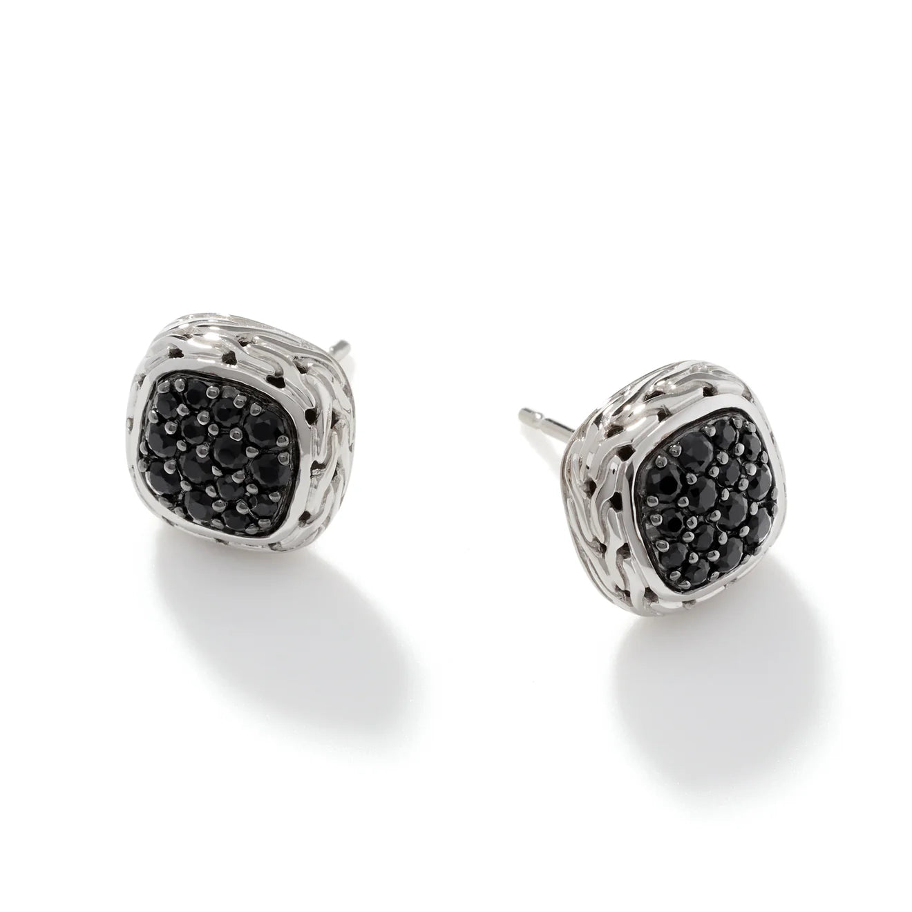 Carved Chain Stud Earrings, Silver, Pavé