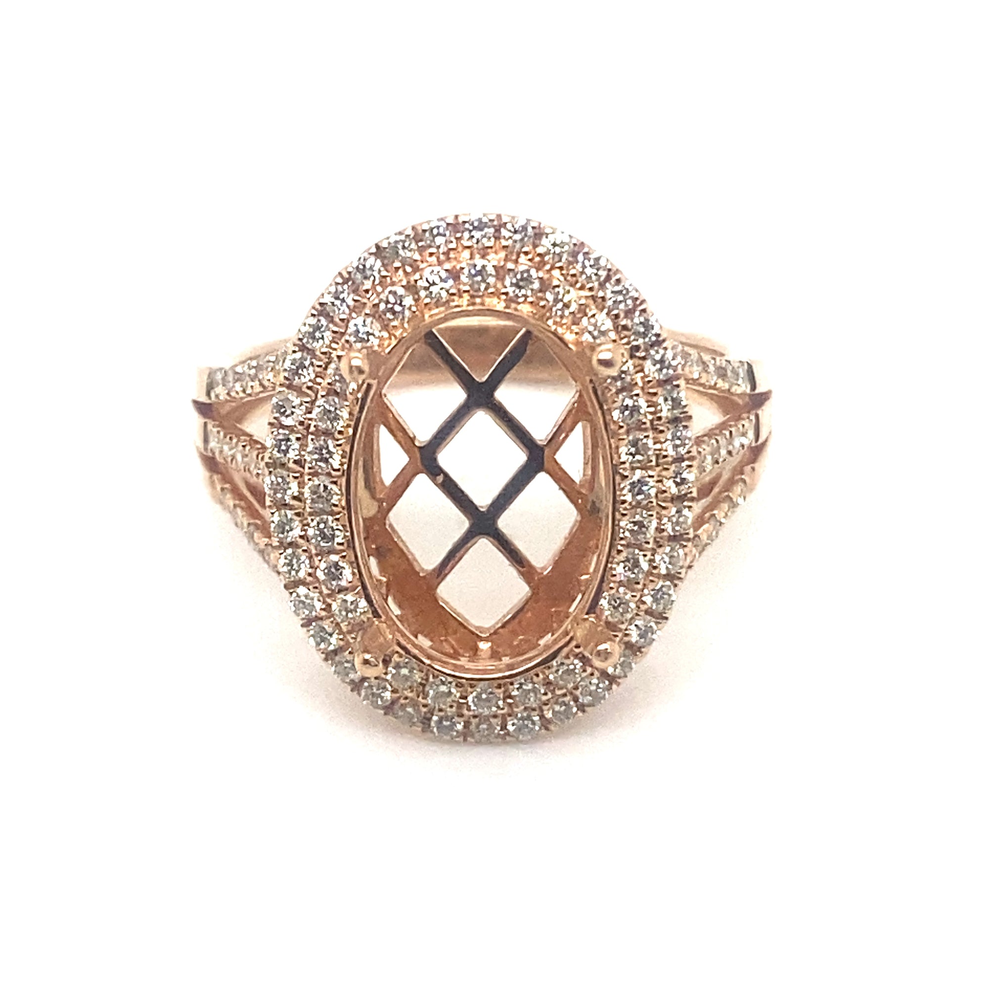 Double Halo Diamond Semi-Mount With Three Row Split Shank, 14K Rose Gold With 1.00 Carat Round Diamonds.