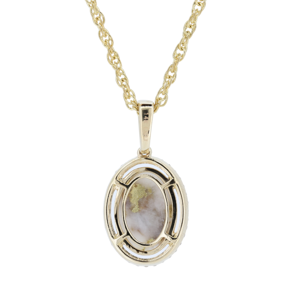 14K Yellow Natural Gold Quartz Oval Halo Pendant With 0.27Ct Diamonds