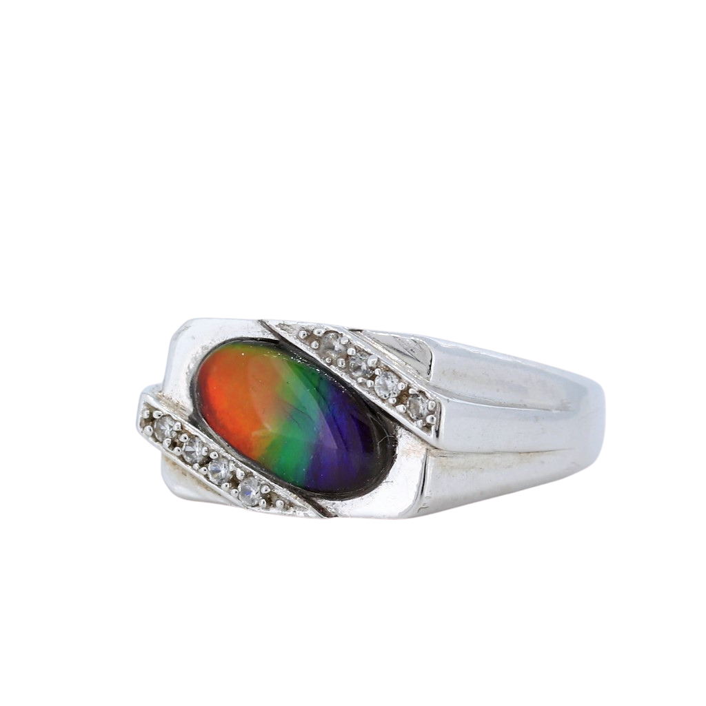 Sterling Silver Men's Ammolite And Cz Ring