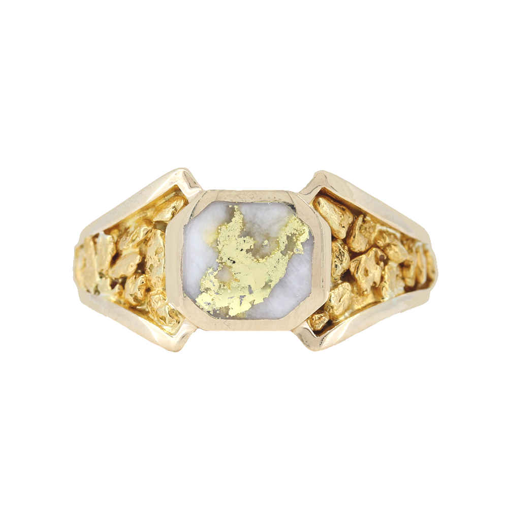 14K Yellow Gold Quartz Cushion Inlay & Gold Nuggets Ring 10