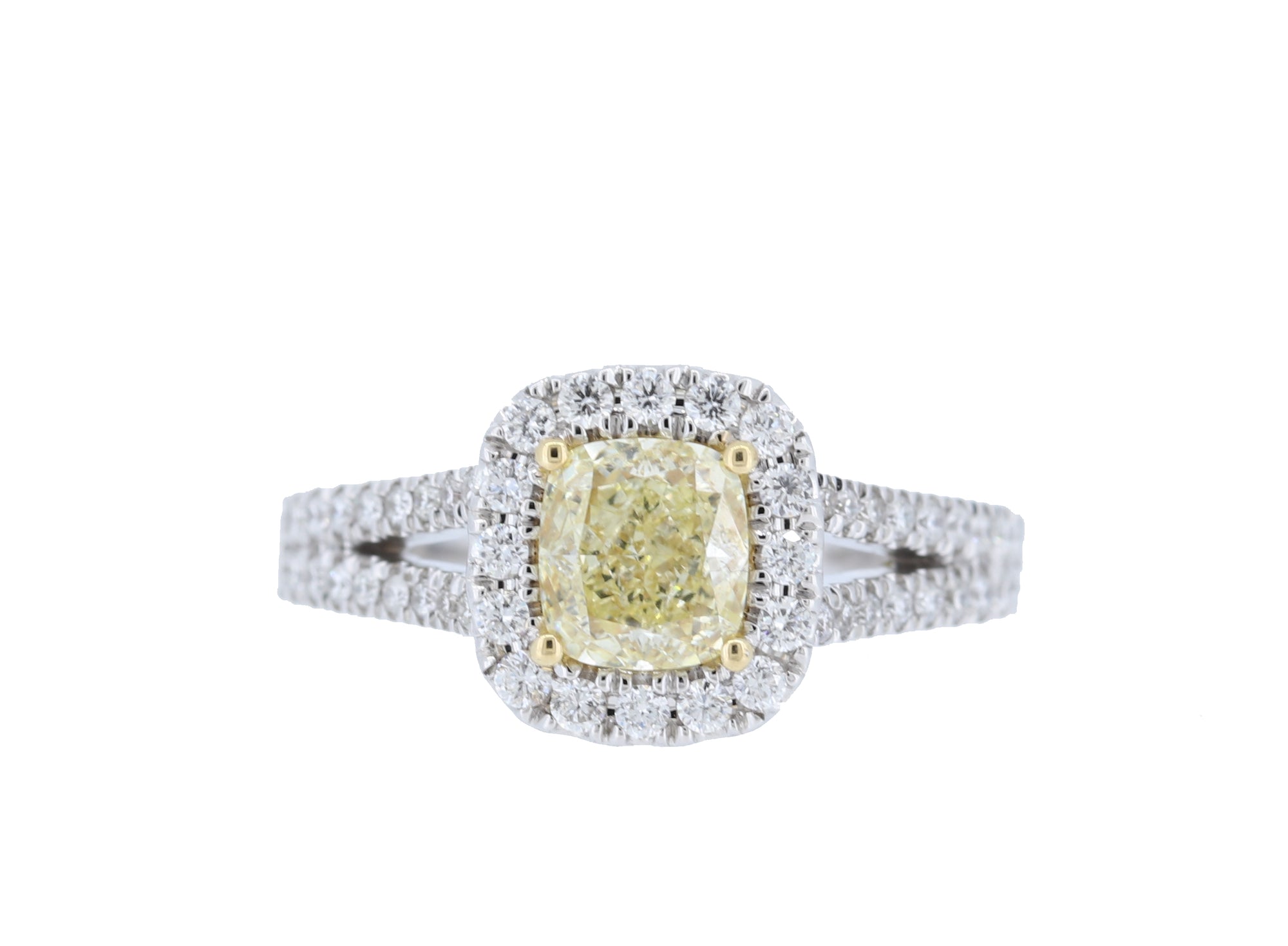 1 Carat Fancy Yellow Diamond Halo Engagement Ring in 18k Gold - GAI Certified