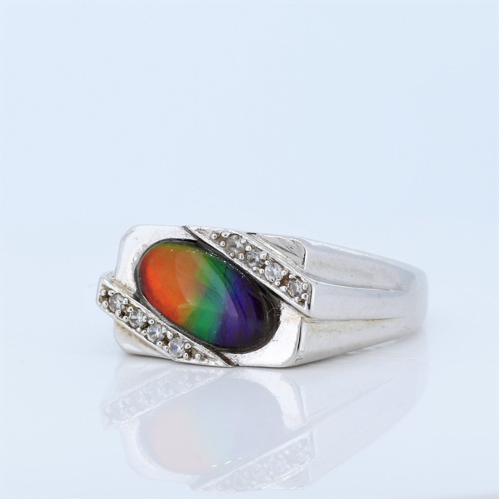 Sterling Silver Men's Ammolite And Cz Ring